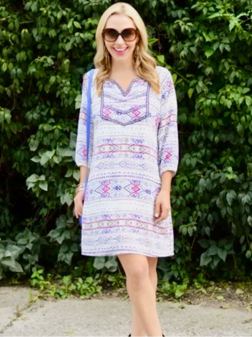 Anthropologie Cream Boho Printed Shift Dress with Pink & Blue Accents